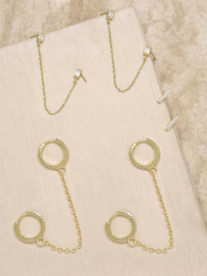 Chain Dangle Duo And Stud Earring Layering 18k Gold Plated Set Of 3