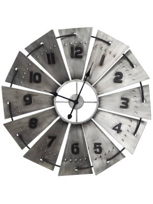 31" Galvanized Metal And Wood Windmill Wall Clock Silver - Gallery Solutions