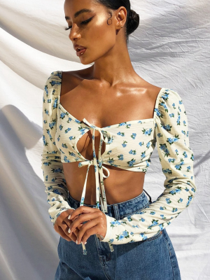 Blue Floral Printed Square Neck Crop Top