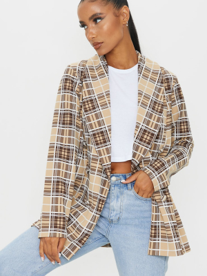 Brown Checked Triple Breasted Oversized Crepe...