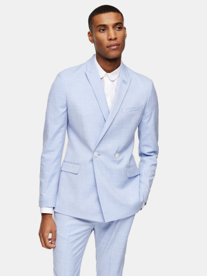 Blue Double Breasted Skinny Fit Suit Blazer With Peak Lapels