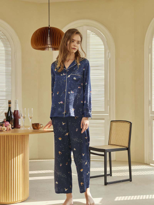 Sky Swim Printed Silk-satin Pajama Set