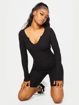 Black Brushed Rib Long Sleeve V Neck Romper