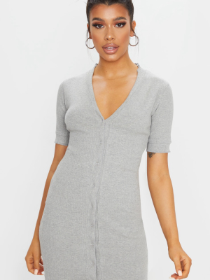 Grey Thick Rib Popper Frill Edge Bodycon Dress