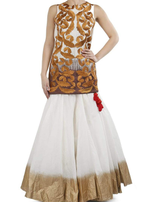 Embroidered Kurta & Foil-printed Lehenga Set