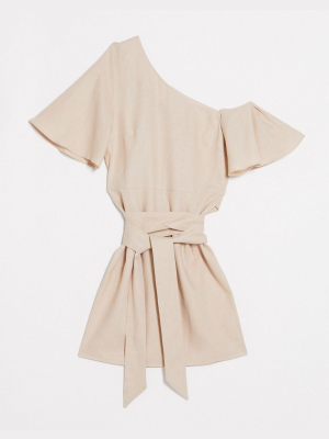 Asos Design Fallen Shoulder Mini Dress In Linen In Stone