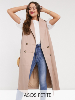 Asos Design Petite Sleeveless Trench Coat In Stone