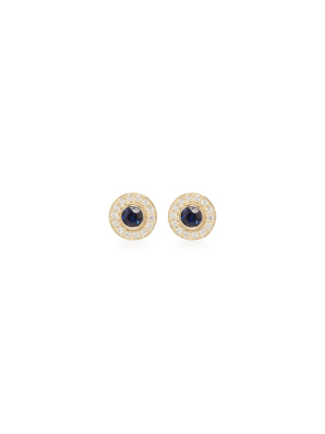 14k Round Blue Sapphire Studs With Pave Halo