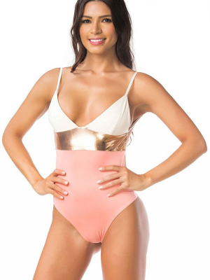 Contrast Metallic V Neck Low Back Brazilian One Piece Swimsuit