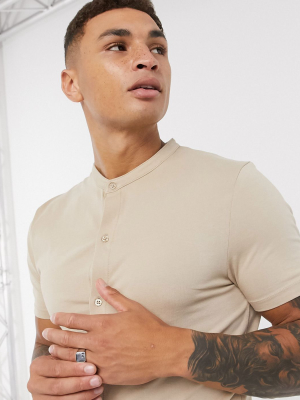 Asos Design Organic Short Sleeve Muscle Fit Jersey Shirt With Grandad Collar In Beige