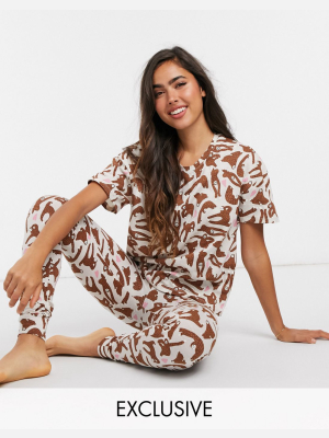 Lindex Josie Exclusive Organic Cotton Sloth Print T-shirt And Legging Set In Cream