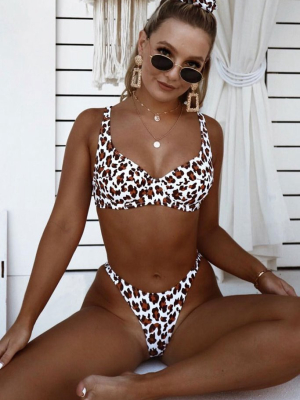 High Leg Leopard Printed Underwire Thong Bikini Swimsuit - Two Piece Set