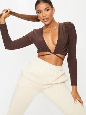 Chocolate Slinky Tie Waist Long Sleeve Crop Top