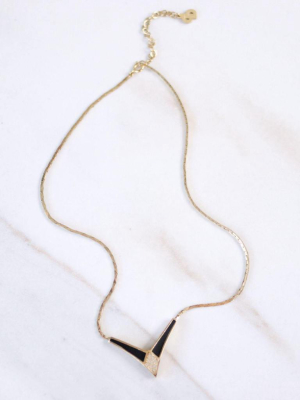 Vintage Christian Dior Art Deco Style Black Enamel With Pave Crystal "v" Necklace