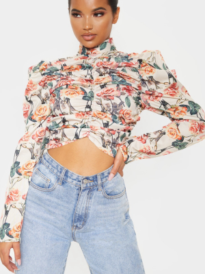 White Floral Printed Ruched High Neck Top