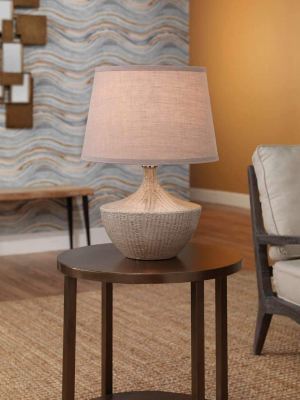 Basketweave Table Lamp In Off White Ceramic With Medium Open Cone Shade In Natural Linen