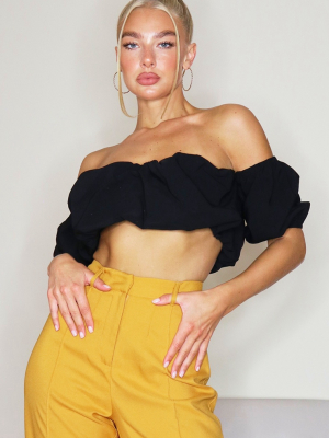 Black Woven Ruched Bardot Short Sleeve Crop Top