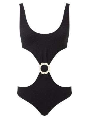 Scallop Cut Out Black Seersucker Maillot