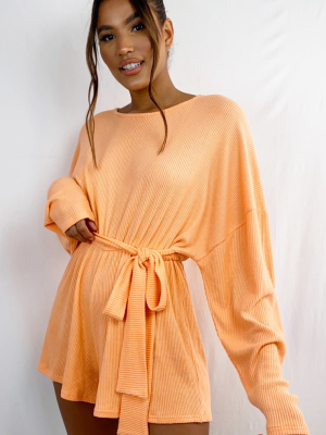 Orange Brushed Rib Oversized Tie Waist Romper