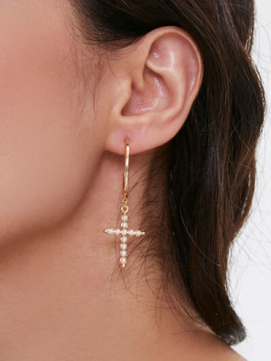 Faux Pearl Cross Hoop Earrings