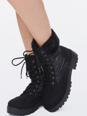 Fur-trim Paneled Combat Boots