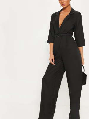 Black Woven Plunge Wide Leg Jumpsuit