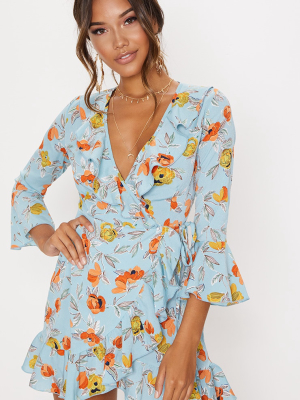 Turquoise Floral Printed Frill Wrap Tea Dress