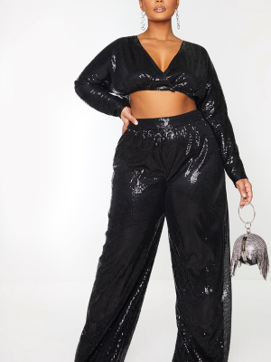 Plus Black Sequin Wrap Plunge Crop Top