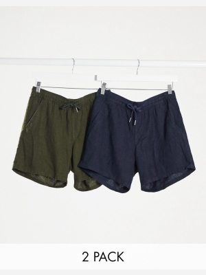 Asos Design 2 Pack Slim Linen Shorts In Navy & Khaki Save