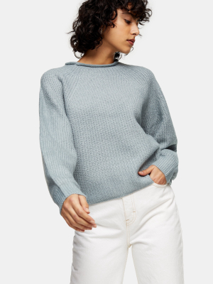 Tall Blue Roll Neck Cropped Knitted Sweater