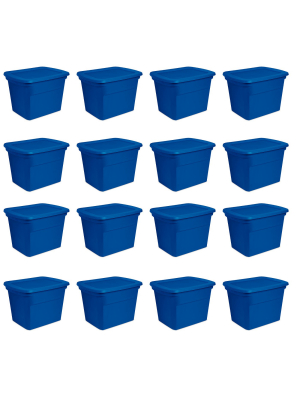 Sterilite 18 Gallon Plastic Stackable Storage Tote Container Box, Blue (16 Pack)