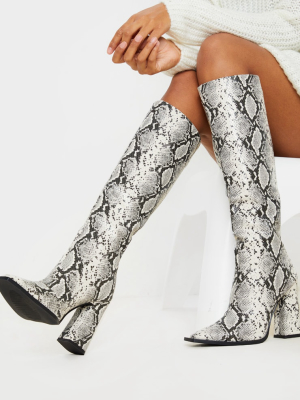 Grey Snake Square Toe Block Heel Calf Boot