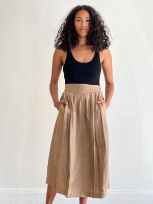 Khaki Linen Pleated Skirt