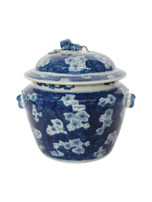 Plum Petal Rice Jar, Blue And White