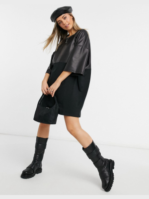 Asos Design Oversized T-shirt Dress With Half Leather Look In Black