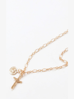 Gold Cross And Coin Layering Chain Necklace