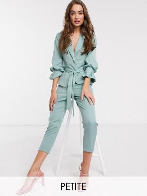 Outrageous Fortune Petite Frill Balloon Sleeve Blazer In Sage