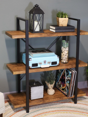 3-tier Industrial Style Freestanding Open Shelf - Teak Veneer - Sunnydaze Decor