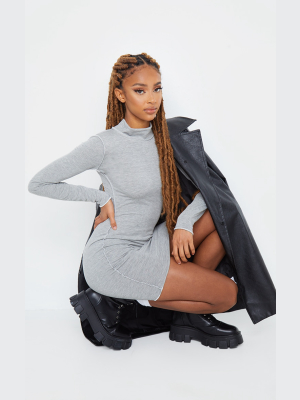 Grey Contrast Stich High Neck Bodycon Dress