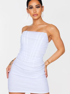 Shape White Mesh Corset Detail Ruched Bodycon...