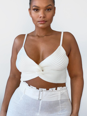 Plus Cream Knit Twist Front Crop Top