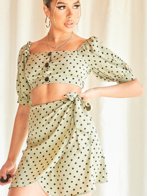 Sage Green Polka Print Bardot Puff Sleeve Crop Top