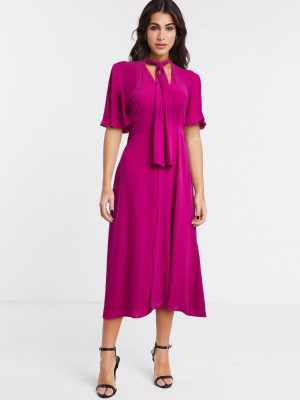 River Island Pussybow Fluted Sleeve Midi Dress In Purple