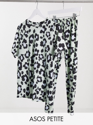 Asos Design Petite Oversized Tee & Legging Pajama Set In Sage Leopard Print