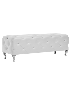 Stella Crystal Tufted Leather Modern Bench - White - Baxton Studio