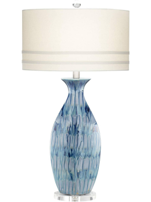 Possini Euro Design Coastal Table Lamp Ceramic Blue Drip Vase Handcrafted Off White Oval Shade For Living Room Family Bedroom