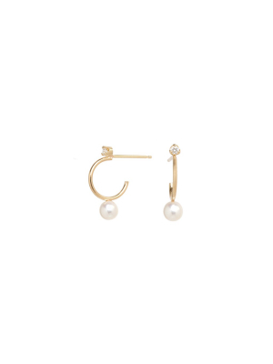 14k Pearl & Diamond Thin Huggie Hoops