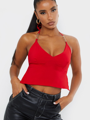 Red Bengaline Chain Halterneck Tie Back Crop Top