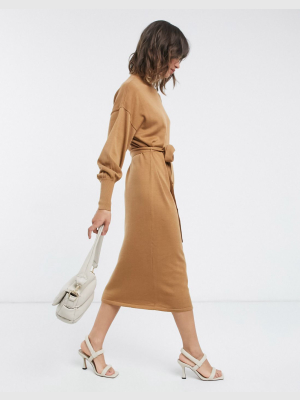 Vero Moda Midi Sweater Dress With High Neck And Tie Waist In Camel