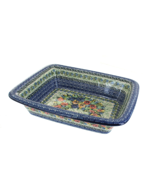 Blue Rose Polish Pottery Carnation Wreath Small Rectangular Baker